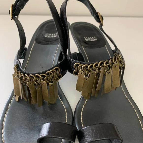 Stuart Weitzman Heeled Toe Ring Sandals with Bronze Metal Fringe, US W6 - Picture 4 of 12